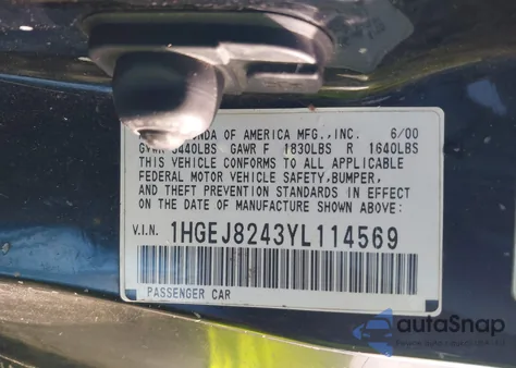 2000 Honda Civic Ex из США, поврежденный, VIN 1HGEJ8243YL114569